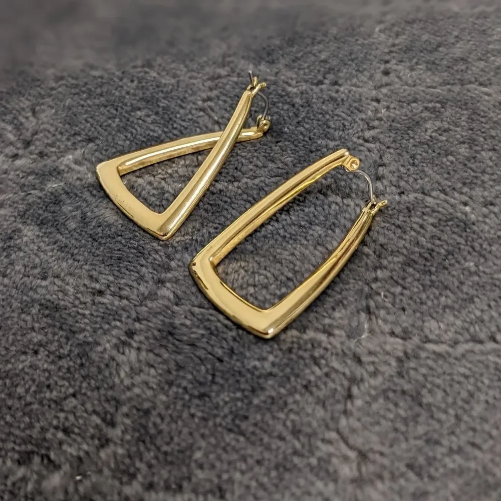 Vintage Goldtone Unique Triangle Shaped Semi-Hoop Style Earrings - Picture 2 of 5